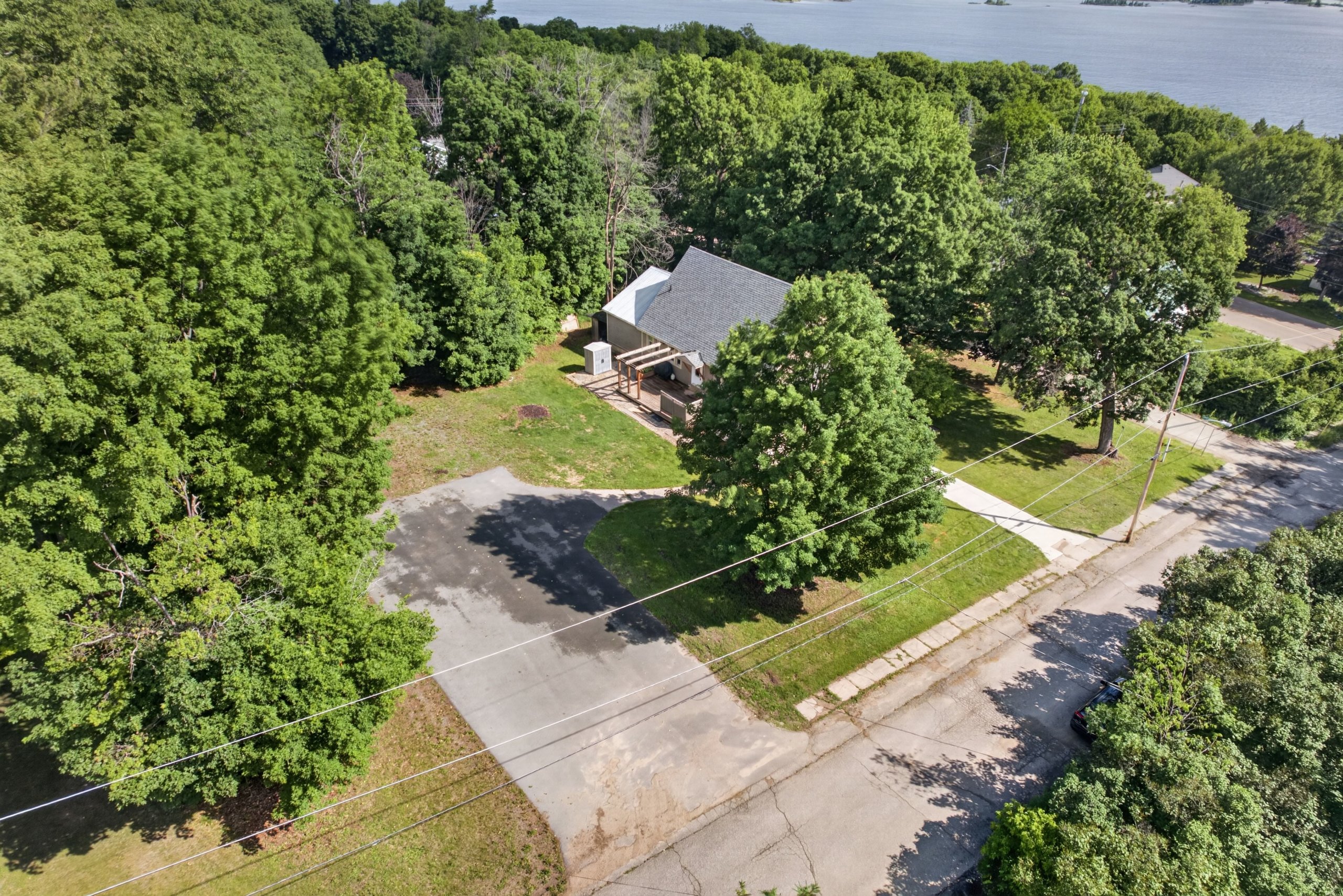 Aerial view of 26 Charbonneau with the Ottawa River beyond